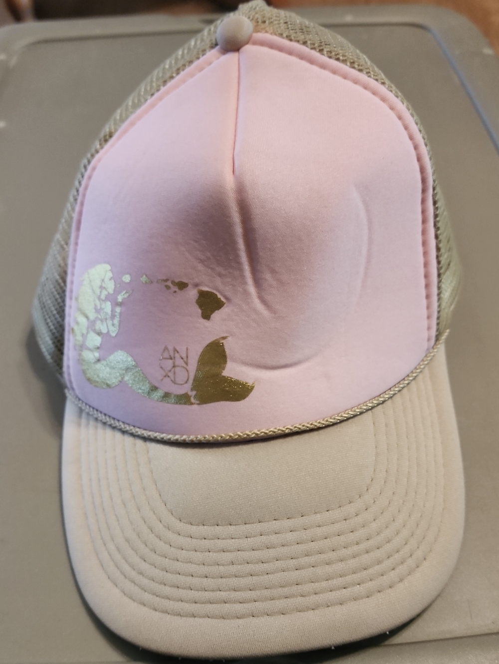 Pink and Tan Trucker Hat with Gold Mermaid Graphic